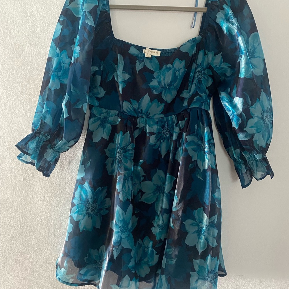 Blue Ruched Puff Sleeve Mini Dress
